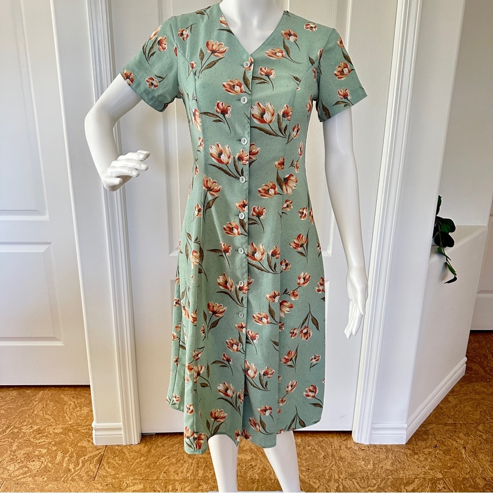 Vintage Mint Floral Button Down Short Sleeve Midi Dress (S)